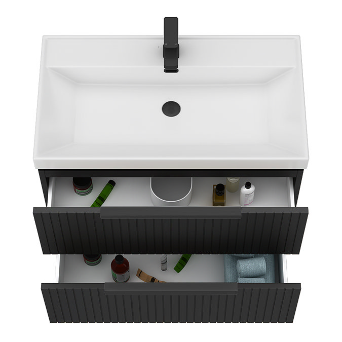 Milan Fluted 800mm Soft Black 2-Drawer Wall Hung Vanity Unit with Matt Black Handles