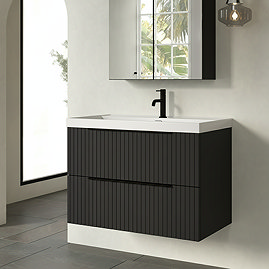 Milan Fluted 800mm Soft Black 2-Drawer Wall Hung Vanity Unit with Matt Black Handles