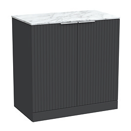 Milan Fluted 800mm Soft Black Vanity Unit - Floor Standing 2-Door Unit with Carrara Marble Worktop & Chrome Handles