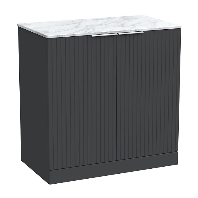 Milan Fluted 800mm Soft Black Vanity Unit - Floor Standing 2-Door Unit with Carrara Marble Worktop & Chrome Handles