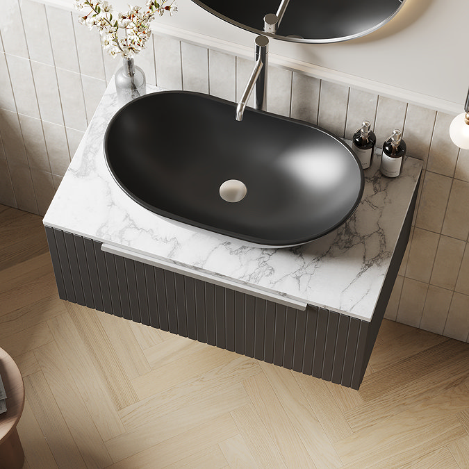 Milan Fluted 800mm Soft Black Vanity Unit - Wall Hung 1 Drawer Unit with Carrara Marble Worktop & Chrome Handle