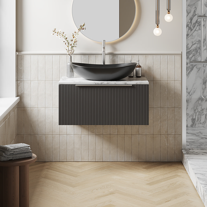 Milan Fluted 800mm Soft Black Vanity Unit - Wall Hung 1 Drawer Unit with Carrara Marble Worktop & Chrome Handle