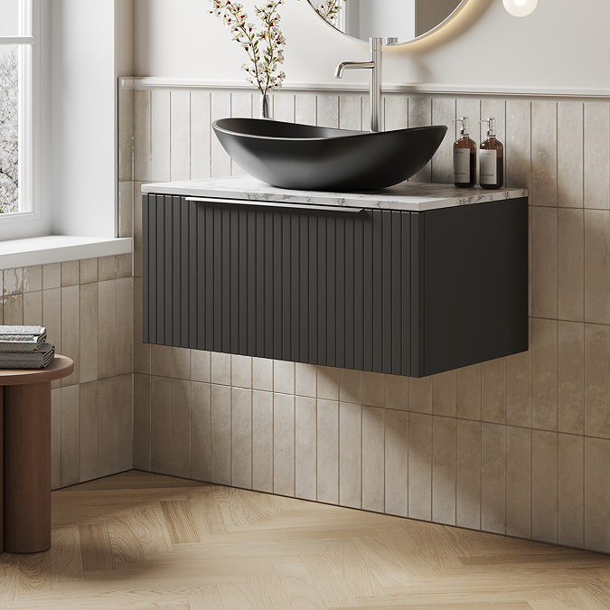 Milan Fluted 800mm Soft Black Vanity Unit - Wall Hung 1 Drawer Unit with Carrara Marble Worktop & Chrome Handle