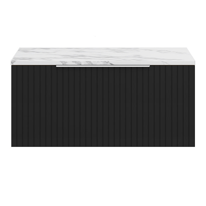 Milan Fluted 800mm Soft Black Vanity Unit - Wall Hung 1 Drawer Unit with Carrara Marble Worktop & Chrome Handle
