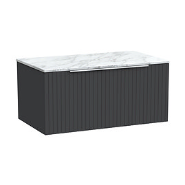 Milan Fluted 800mm Soft Black Vanity Unit - Wall Hung 1 Drawer Unit with Carrara Marble Worktop & Chrome Handle