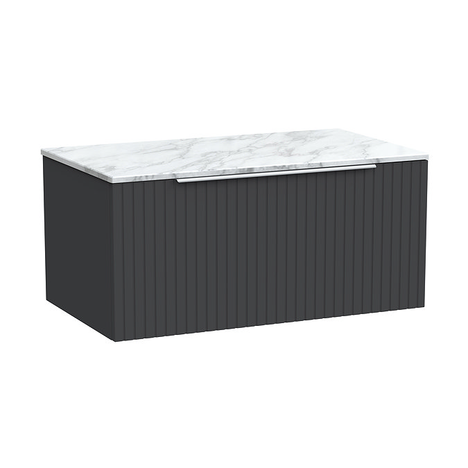 Milan Fluted 800mm Soft Black Vanity Unit - Wall Hung 1 Drawer Unit with Carrara Marble Worktop & Chrome Handle
