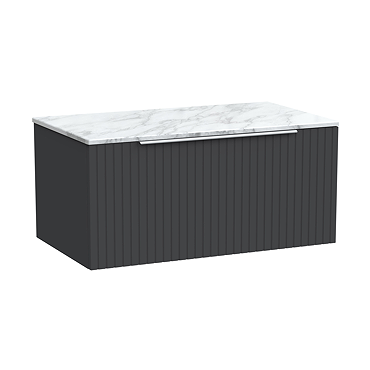 Milan Fluted 800mm Soft Black Vanity Unit - Wall Hung 1 Drawer Unit with Carrara Marble Worktop & Chrome Handle