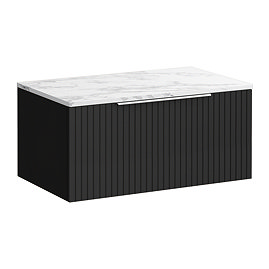 Milan Fluted 800mm Soft Black Vanity Unit - Wall Hung 1 Drawer Unit with Carrara Marble Worktop & Chrome Handle