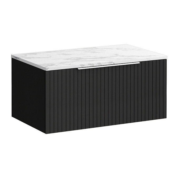 Milan Fluted 800mm Soft Black Vanity Unit - Wall Hung 1 Drawer Unit with Carrara Marble Worktop & Chrome Handle