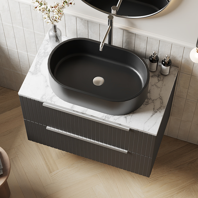 Milan Fluted 800mm Soft Black Vanity Unit - Wall Hung 2 Drawer Unit with Carrara Marble Worktop & Chrome Handles