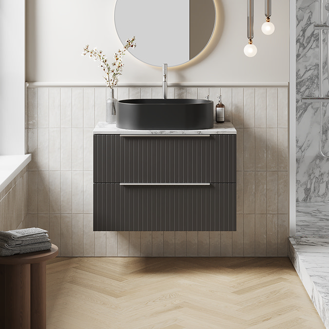 Milan Fluted 800mm Soft Black Vanity Unit - Wall Hung 2 Drawer Unit with Carrara Marble Worktop & Chrome Handles