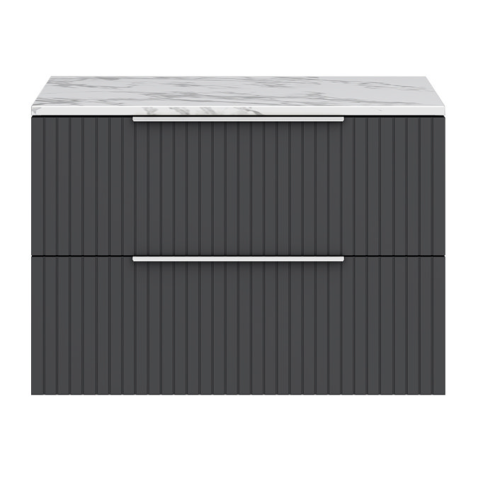 Milan Fluted 800mm Soft Black Vanity Unit - Wall Hung 2 Drawer Unit with Carrara Marble Worktop & Chrome Handles
