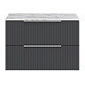 Milan Fluted 800mm Soft Black Vanity Unit - Wall Hung 2 Drawer Unit with Carrara Marble Worktop & Chrome Handles