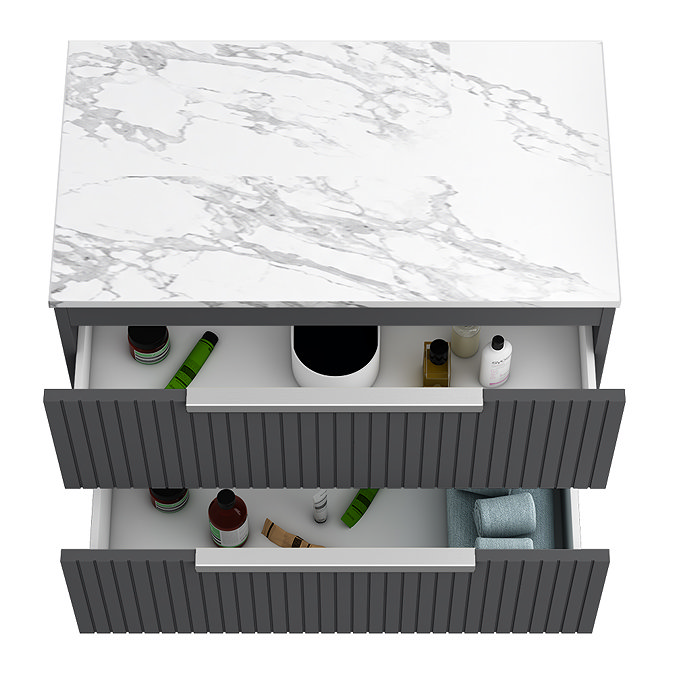Milan Fluted 800mm Soft Black Vanity Unit - Wall Hung 2 Drawer Unit with Carrara Marble Worktop & Chrome Handles