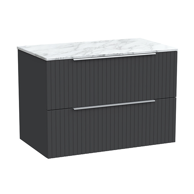 Milan Fluted 800mm Soft Black Vanity Unit - Wall Hung 2 Drawer Unit with Carrara Marble Worktop & Chrome Handles