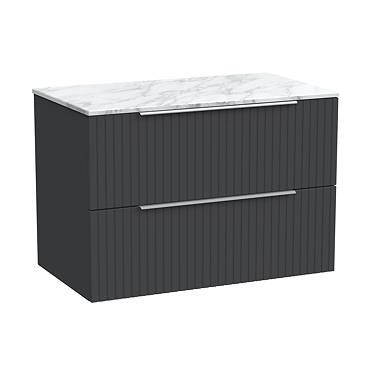 Milan Fluted 800mm Soft Black Vanity Unit - Wall Hung 2 Drawer Unit with Carrara Marble Worktop & Chrome Handles