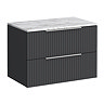 Milan Fluted 800mm Soft Black Vanity Unit - Wall Hung 2 Drawer Unit with Carrara Marble Worktop & Chrome Handles