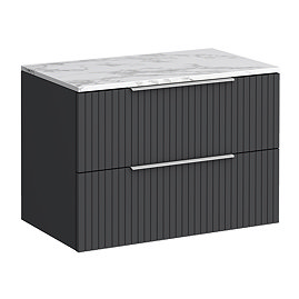 Milan Fluted 800mm Soft Black Vanity Unit - Wall Hung 2 Drawer Unit with Carrara Marble Worktop & Chrome Handles