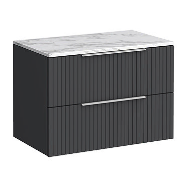 Milan Fluted 800mm Soft Black Vanity Unit - Wall Hung 2 Drawer Unit with Carrara Marble Worktop & Chrome Handles