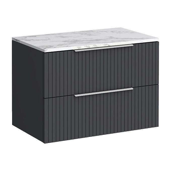Milan Fluted 800mm Soft Black Vanity Unit - Wall Hung 2 Drawer Unit with Carrara Marble Worktop & Chrome Handles