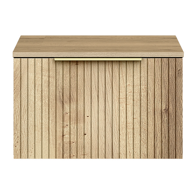 Milan Fluted Autumn Oak 600mm Wall Hung 1-Drawer Countertop Vanity Unit with Brushed Brass Handle