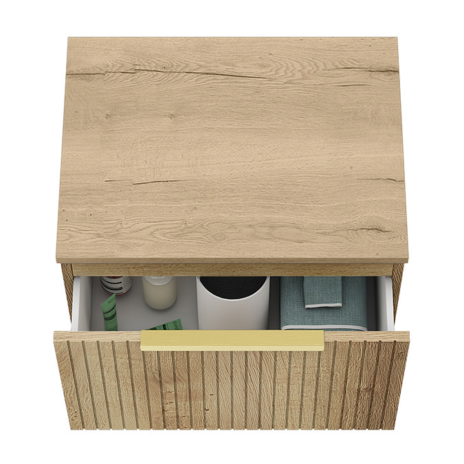 Milan Fluted Autumn Oak 600mm Wall Hung 1-Drawer Countertop Vanity Unit with Brushed Brass Handle