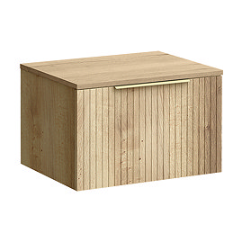 Milan Fluted Autumn Oak 600mm Wall Hung 1-Drawer Countertop Vanity Unit with Brushed Brass Handle
