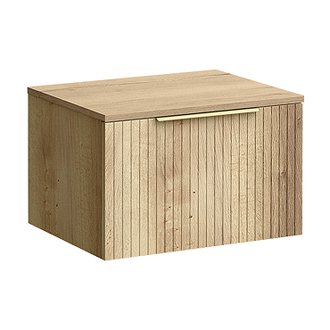 Milan Fluted Autumn Oak 600mm Wall Hung 1-Drawer Countertop Vanity Unit with Brushed Brass Handle
