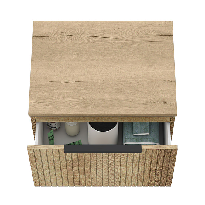 Milan Fluted Autumn Oak 600mm Wall Hung 1-Drawer Countertop Vanity Unit with Matt Black Handle