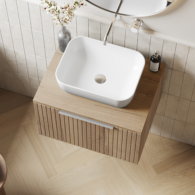 Milan Fluted Autumn Oak 600mm Wall Hung 1-Drawer Countertop Vanity Unit with Chrome Handle