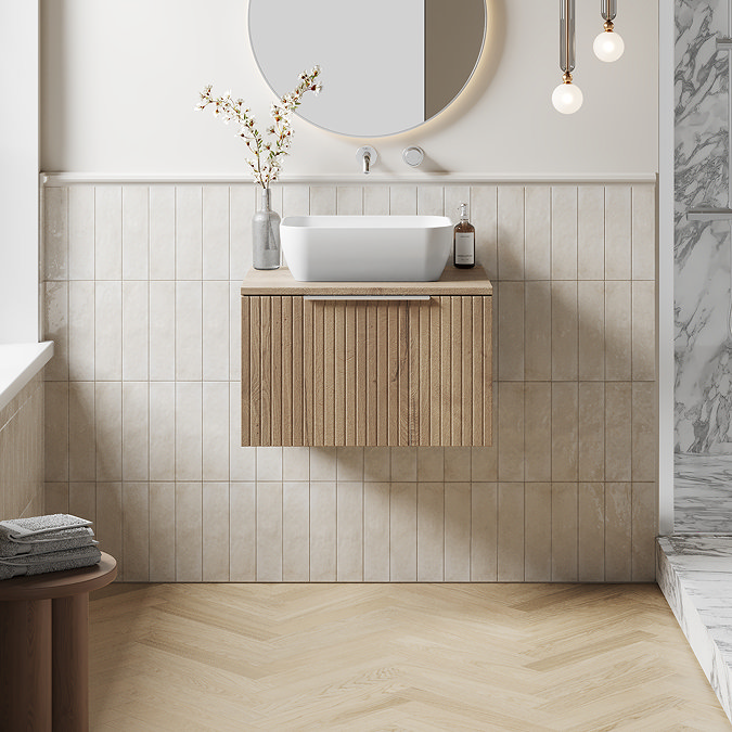 Milan Fluted Autumn Oak 600mm Wall Hung 1-Drawer Countertop Vanity Unit with Chrome Handle