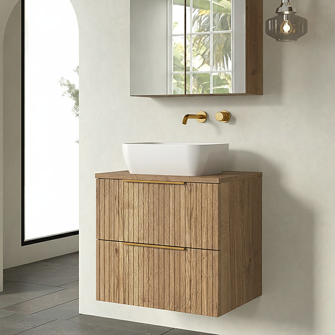 Milan Fluted Autumn Oak 600mm Wall Hung 2-Drawer Countertop Vanity Unit with Brushed Brass Handles