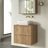 Milan Fluted Autumn Oak 600mm Wall Hung 2-Drawer Countertop Vanity Unit with Brushed Brass Handles