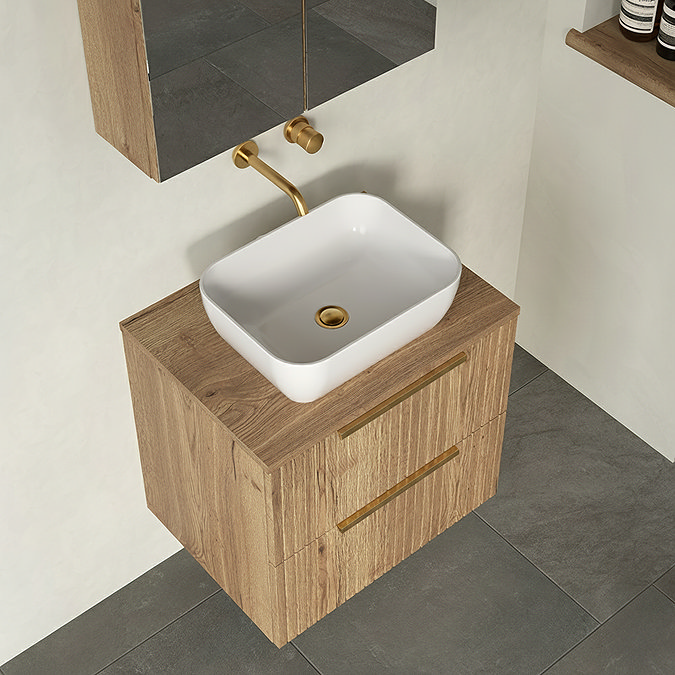 Milan Fluted Autumn Oak 600mm Wall Hung 2-Drawer Countertop Vanity Unit with Brushed Brass Handles