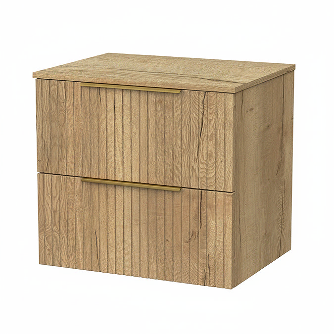 Milan Fluted Autumn Oak 600mm Wall Hung 2-Drawer Countertop Vanity Unit with Brushed Brass Handles