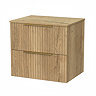 Milan Fluted Autumn Oak 600mm Wall Hung 2-Drawer Countertop Vanity Unit with Brushed Brass Handles