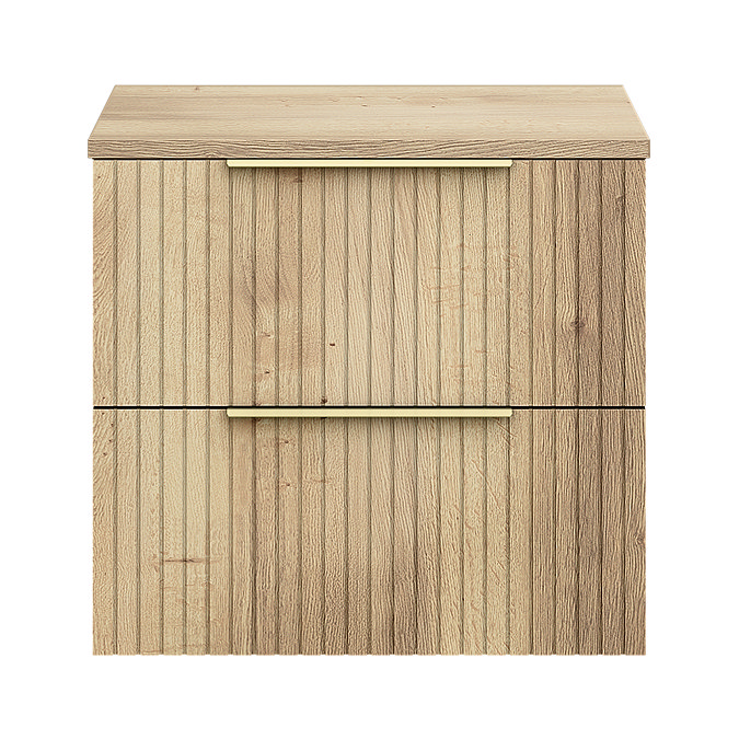 Milan Fluted Autumn Oak 600mm Wall Hung 2-Drawer Countertop Vanity Unit with Brushed Brass Handles