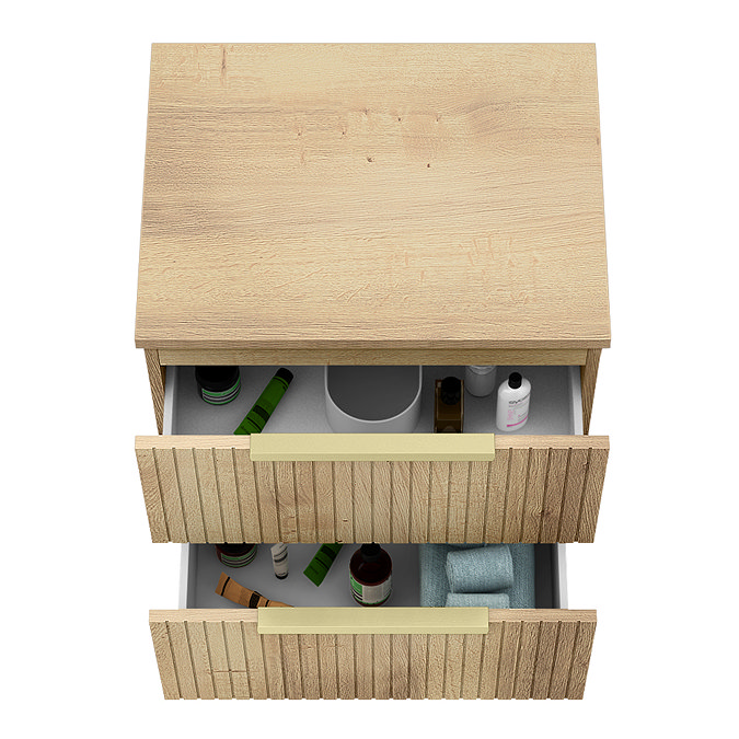 Milan Fluted Autumn Oak 600mm Wall Hung 2-Drawer Countertop Vanity Unit with Brushed Brass Handles