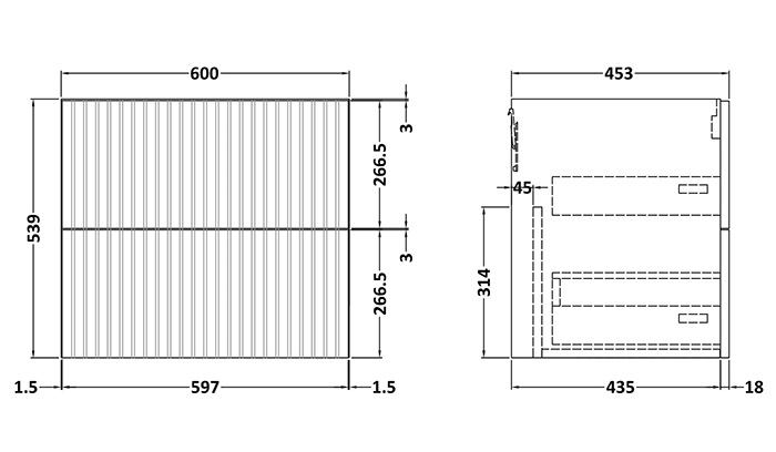 Milan Fluted Autumn Oak 600mm Wall Hung 2-Drawer Countertop Vanity Unit with Brushed Brass Handles
