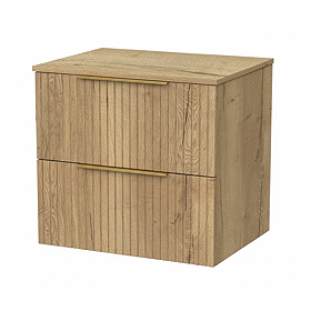 Milan Fluted Autumn Oak 600mm Wall Hung 2-Drawer Countertop Vanity Unit with Brushed Brass Handles
