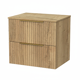 Milan Fluted Autumn Oak 600mm Wall Hung 2-Drawer Countertop Vanity Unit with Brushed Brass Handles