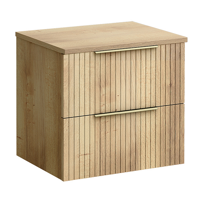 Milan Fluted Autumn Oak 600mm Wall Hung 2-Drawer Countertop Vanity Unit with Brushed Brass Handles
