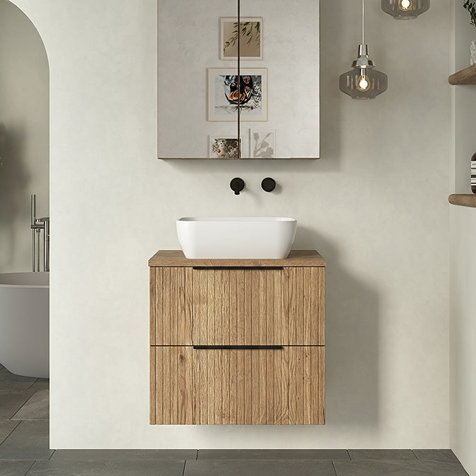 Milan Fluted Autumn Oak 600mm Wall Hung 2-Drawer Countertop Vanity Unit with Matt Black Handles