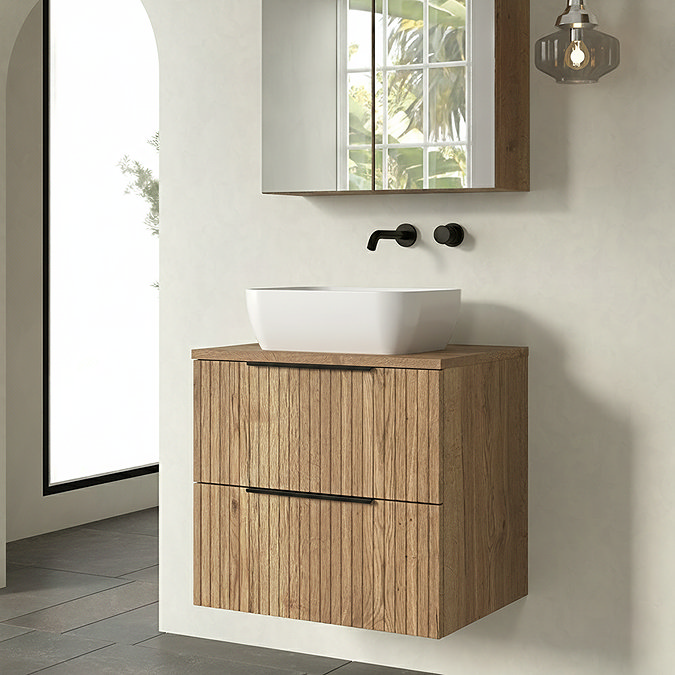 Milan Fluted Autumn Oak 600mm Wall Hung 2-Drawer Countertop Vanity Unit with Matt Black Handles