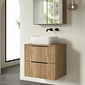 Milan Fluted Autumn Oak 600mm Wall Hung 2-Drawer Countertop Vanity Unit with Matt Black Handles
