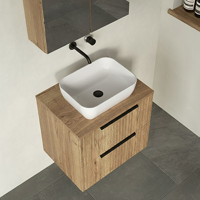 Milan Fluted Autumn Oak 600mm Wall Hung 2-Drawer Countertop Vanity Unit with Matt Black Handles