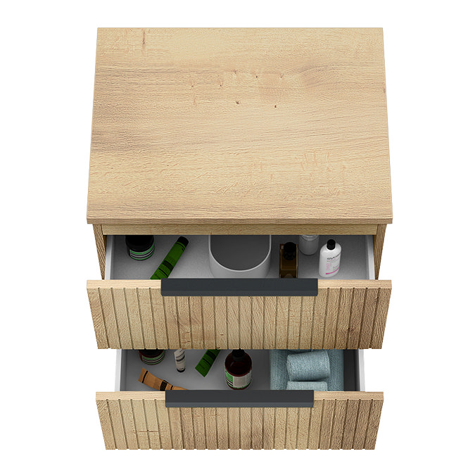 Milan Fluted Autumn Oak 600mm Wall Hung 2-Drawer Countertop Vanity Unit with Matt Black Handles