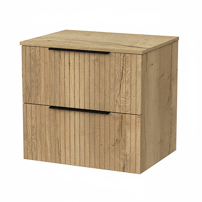 Milan Fluted Autumn Oak 600mm Wall Hung 2-Drawer Countertop Vanity Unit with Matt Black Handles