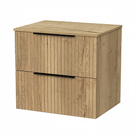 Milan Fluted Autumn Oak 600mm Wall Hung 2-Drawer Countertop Vanity Unit with Matt Black Handles