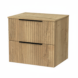 Milan Fluted Autumn Oak 600mm Wall Hung 2-Drawer Countertop Vanity Unit with Matt Black Handles